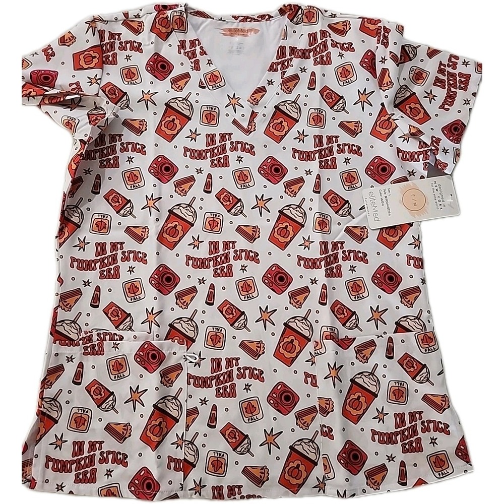 Fall/Thanksgiving /Autumn-themed Poly Performance 3-Pocket Scrub Top NWT LARGE